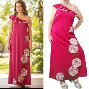 VTG 60s Alfred Shaheen Hand Painted Pink One Shoulder Maxi Dress 10 LG RARE